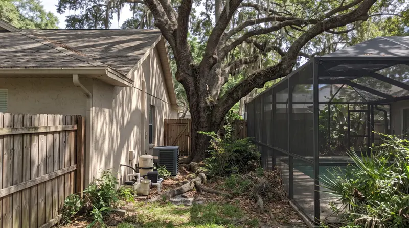 Large live oak growing in a narrow side yard between a house, a wooden fence and a screened pool enclosure