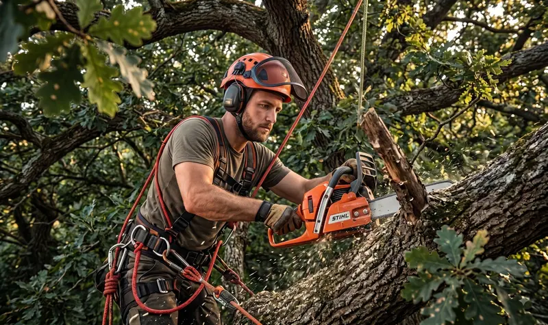 Arborist in a helmet and climbing harness cutting a dead limb from a large oak with a chainsaw