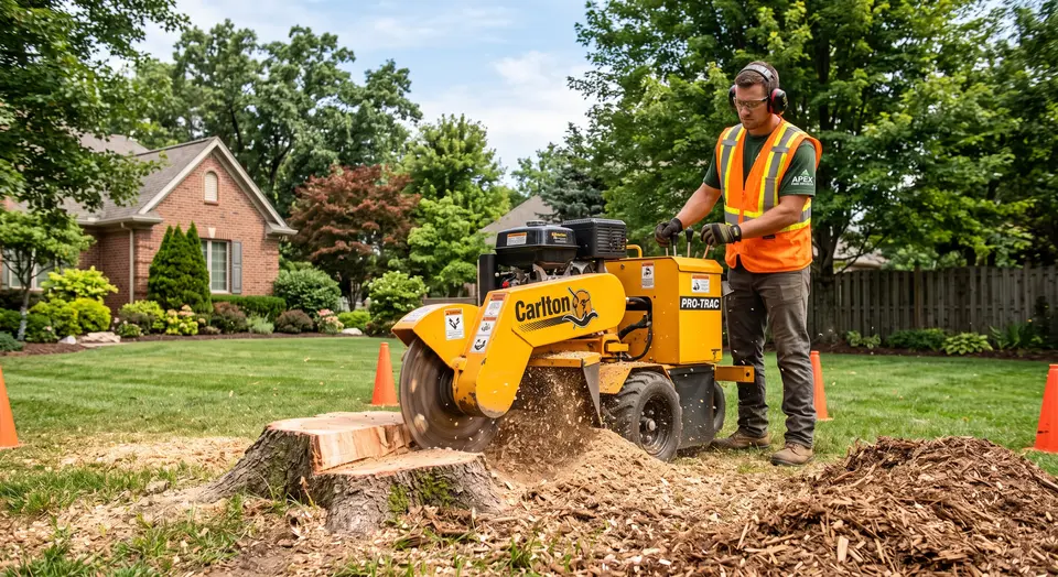 Worker in an orange safety vest and ear protection running a yellow stump grinder through a cut stump on a suburban lawn, wood chips piling up beside it