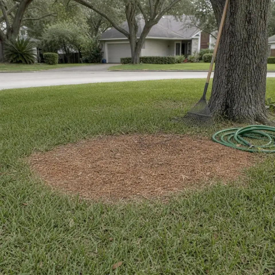 Flat circle of fresh mulch level with the lawn where a stump was ground, with a rake and garden hose by a tree in a quiet neighborhood