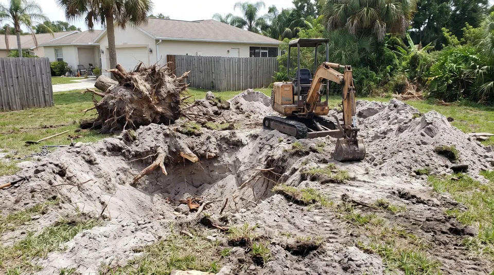 Large excavated hole in a sandy backyard with a pulled-out stump and root ball and a mini excavator beside it