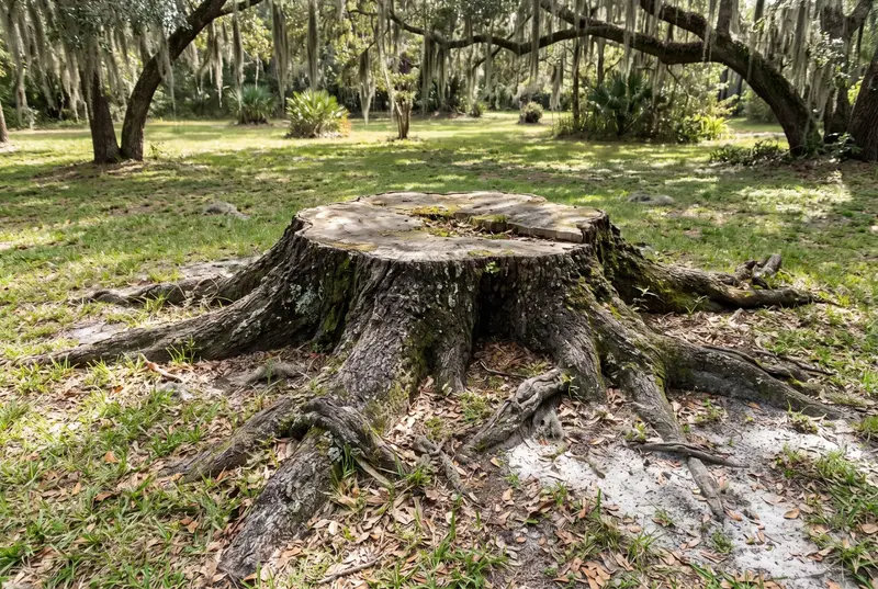 Weathered oak stump with thick roots flaring out across the grass under live oaks hung with Spanish moss