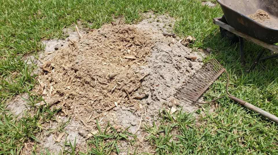 Low mound of fresh wood chips and sandy soil where a stump was ground out of a lawn, with a rake and wheelbarrow beside it