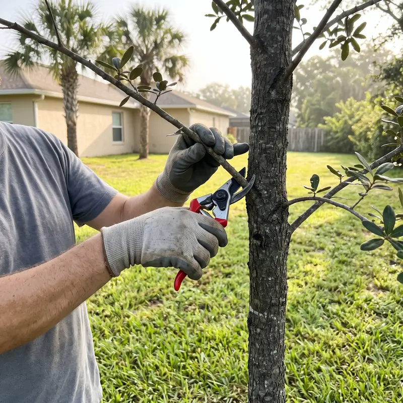 Homeowner in garden gloves cutting a thin branch with red hand pruners just outside the collar on a young oak in a Florida backyard