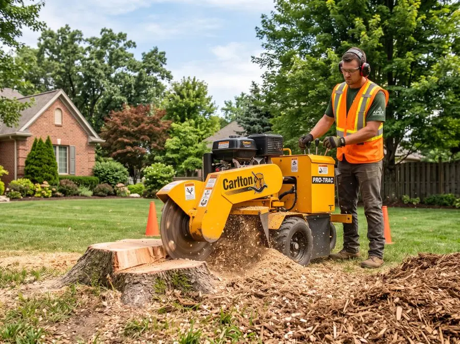 Stump grinder working a tree stump down below ground level