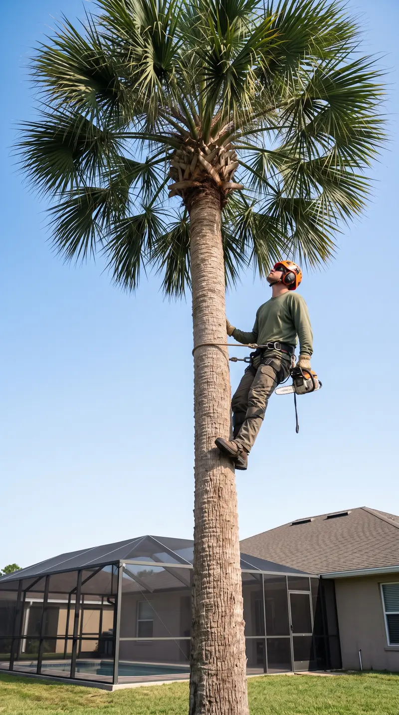 Tree climber in a helmet and harness lowering a dead frond on a rope from a sabal palm above a pool cage
