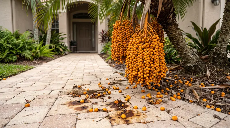 Clusters of orange queen palm fruit over a paver walkway stained by fallen fruit