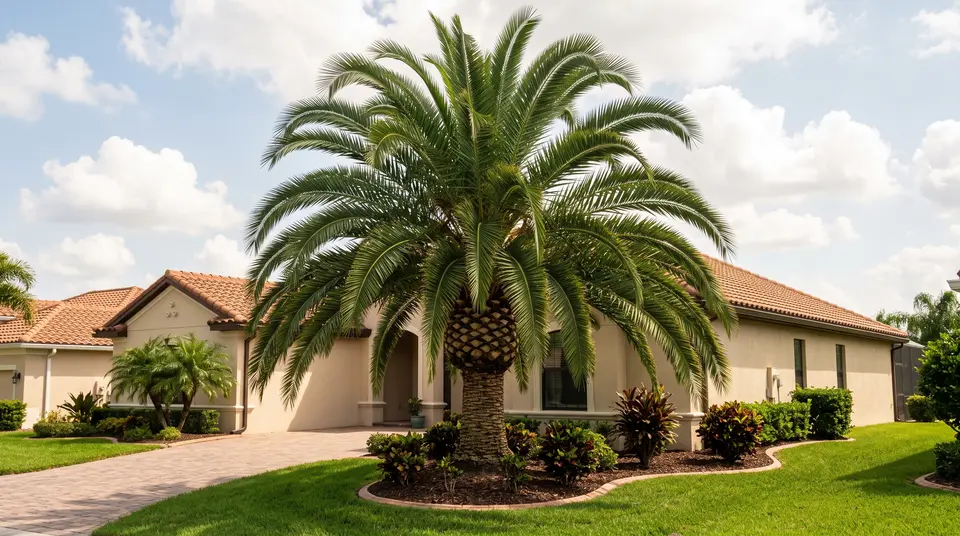 Tall date palm with a full, round crown of green fronds in front of a stucco home with a tile roof