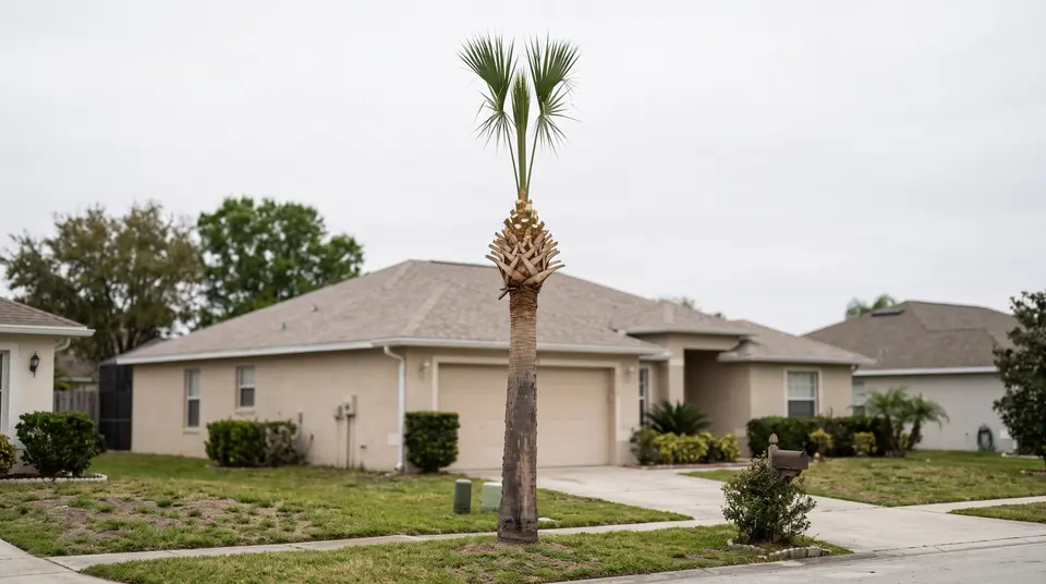 Over-trimmed sabal palm with only a few fronds pointing straight up above a ring of cut stubs