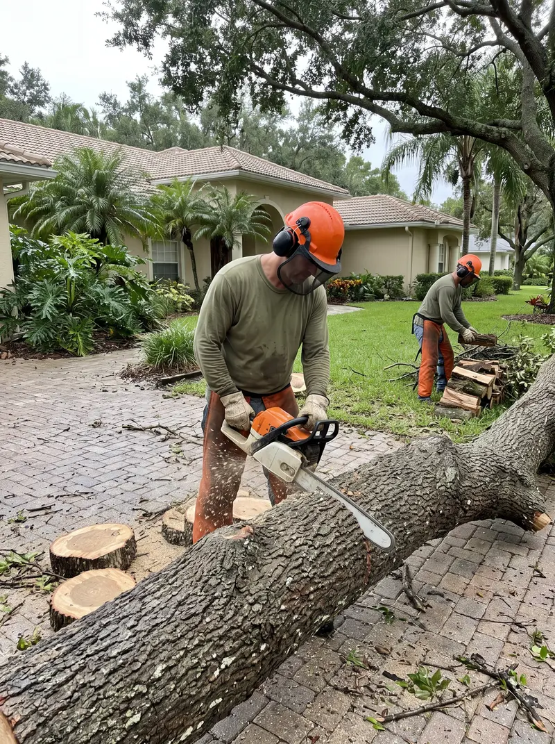 Tree care worker in a helmet, face screen and chaps cutting a fallen oak trunk off a paver driveway while a second worker stacks the cut wood