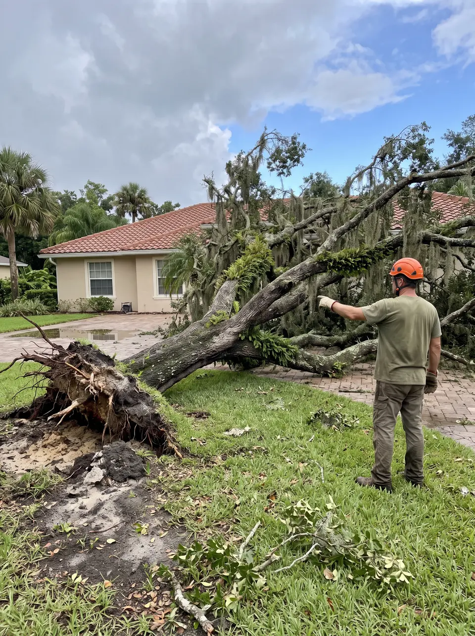 Tree care worker in an orange helmet pointing at a live oak that fell across the front lawn of a stucco home, its roots torn out of the wet ground