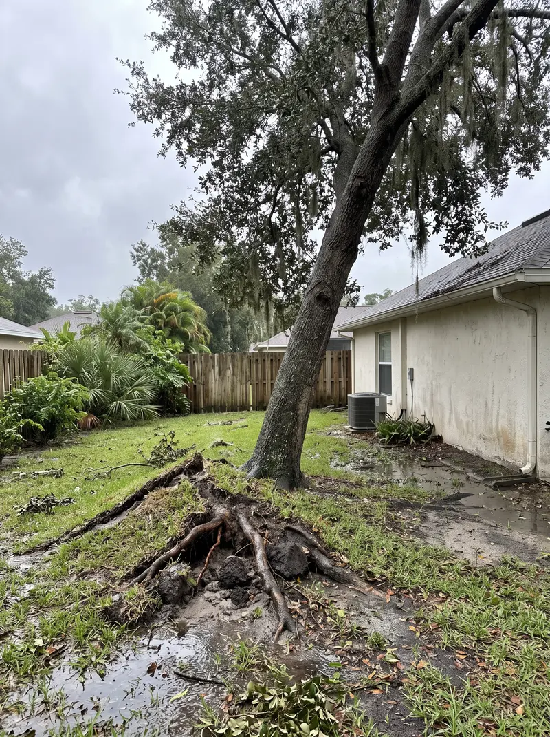 Oak leaning toward the side of a house after heavy rain, with roots and soil lifted out of the soaked lawn at its base