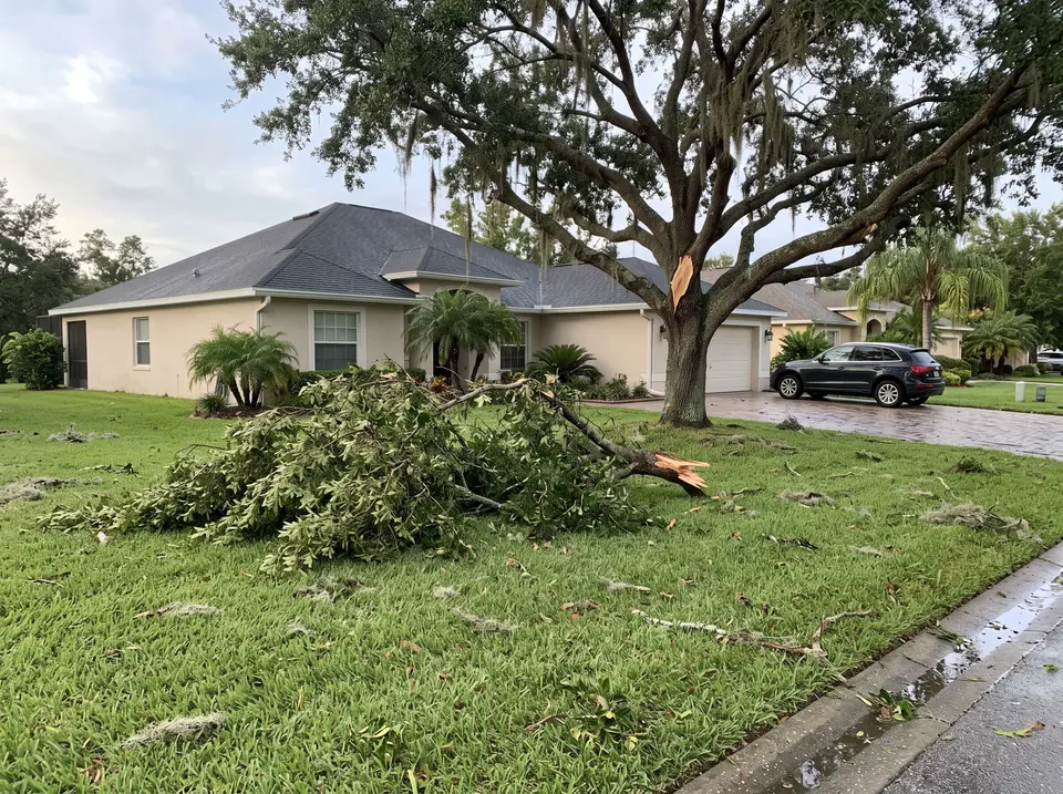 Broken oak limb lying on the front lawn after a storm, with the house undamaged and a car parked on the clear driveway