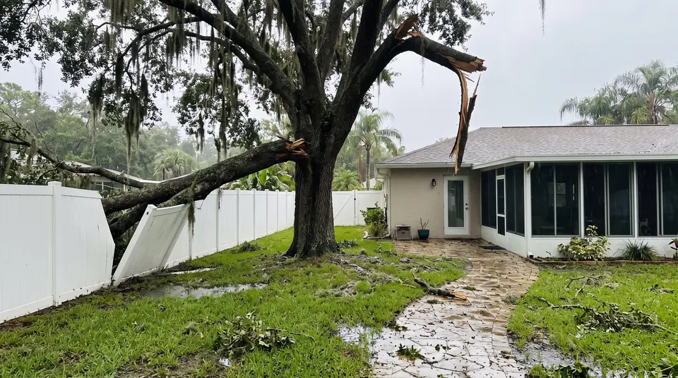 Oak limb lying across a broken white vinyl fence, with a cracked limb hanging above the path to the back door
