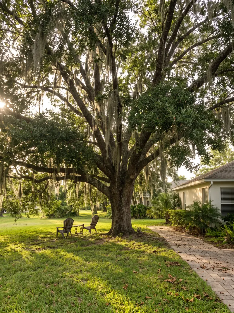 Healthy live oak hung with Spanish moss shading a side yard with two chairs and a paver path