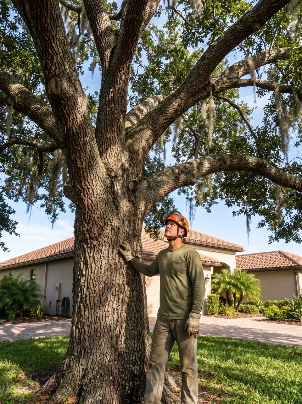 Tree care worker in an orange helmet looking up into a large live oak beside a stucco home with a tile roof