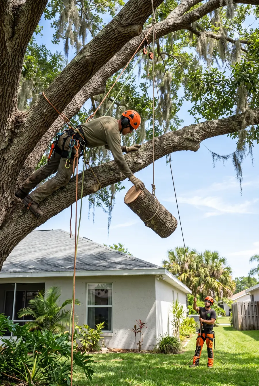 Climber in a helmet and harness lowering a cut log on a rope from a live oak above a roof