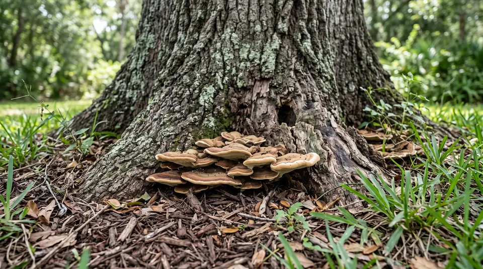 Bracket mushrooms growing from the base of an oak trunk beside a small dark cavity in the bark