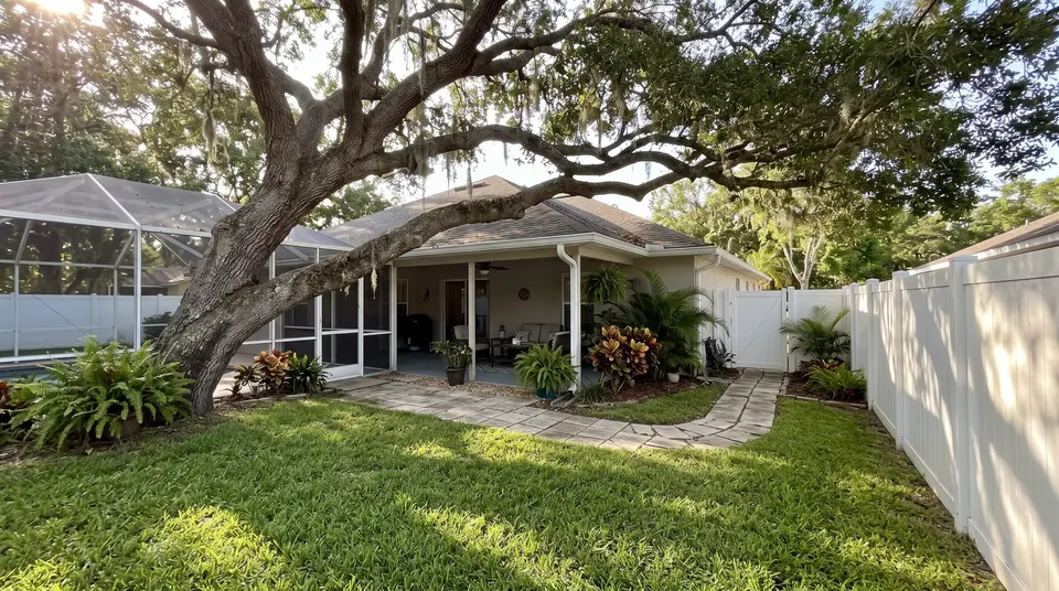 Large live oak leaning over a covered back porch and pool cage inside a fenced yard