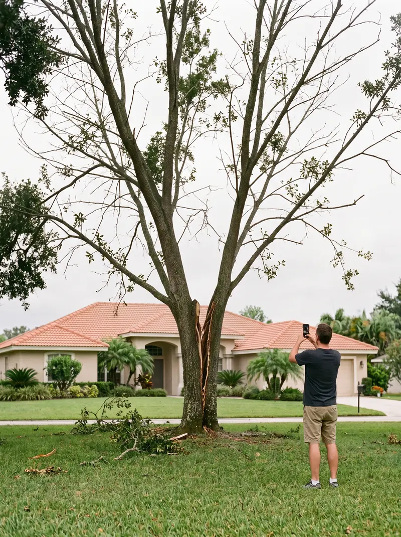 Homeowner photographing a split oak trunk with a phone from a safe distance on the front lawn