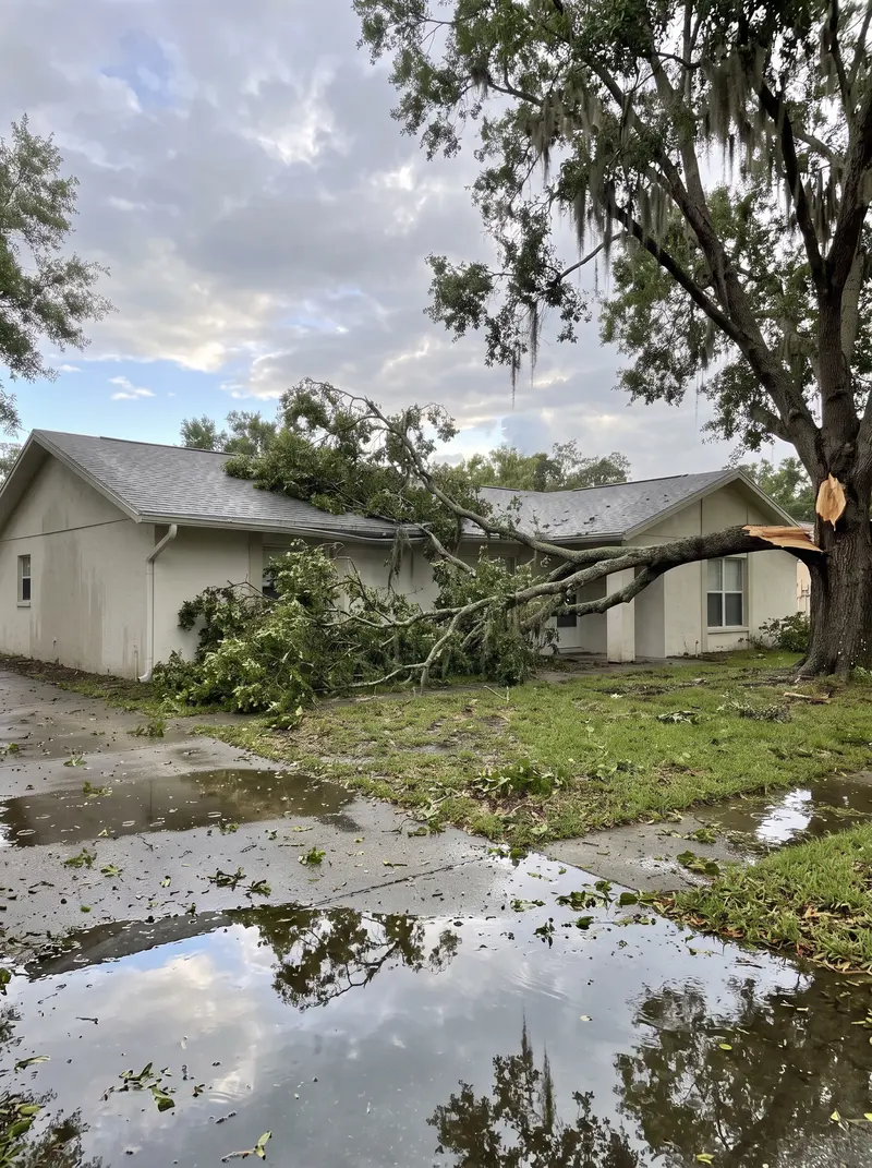 Broken live oak limb lying across the roof of a single-story home after a storm, with puddles on the driveway